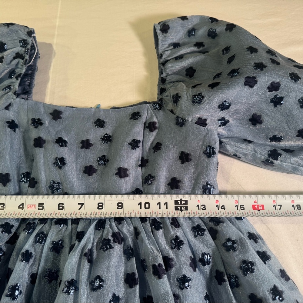 TCEC Light Blue Navy Dainty Coquette Puff Sleeve Floral Lined Mini Dress Size S - Picture 5 of 10